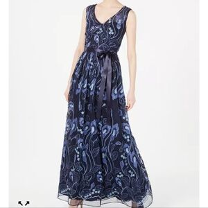 NWT R&M Richards Navy Sleeveless Maxi Dress with Sash Tie and Embroidery size 8